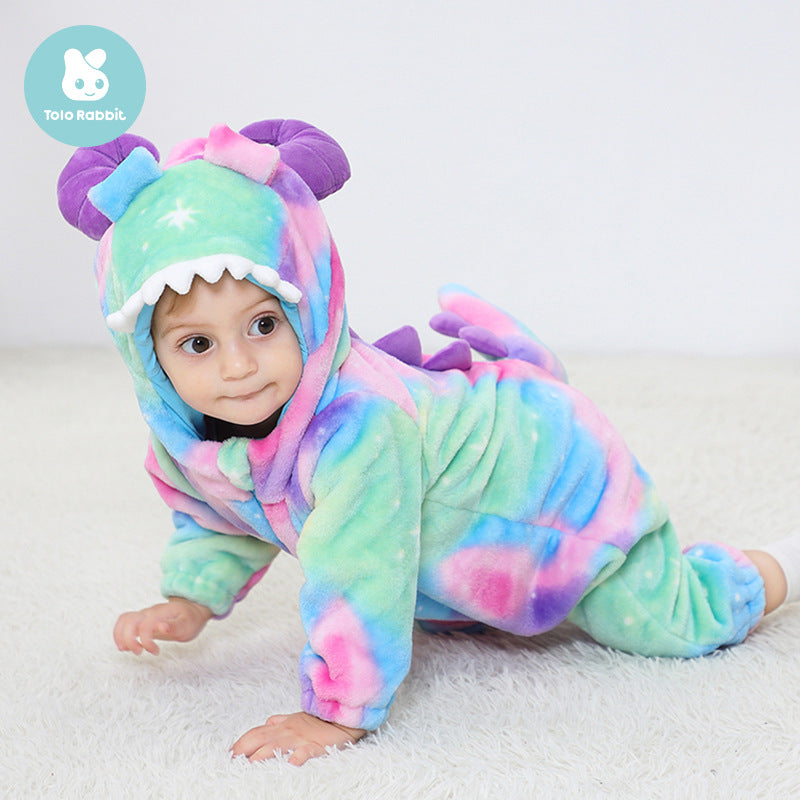 Autumn new 0-3 year old baby flannel-shaped Romper Little Monster hooded one-piece Romper