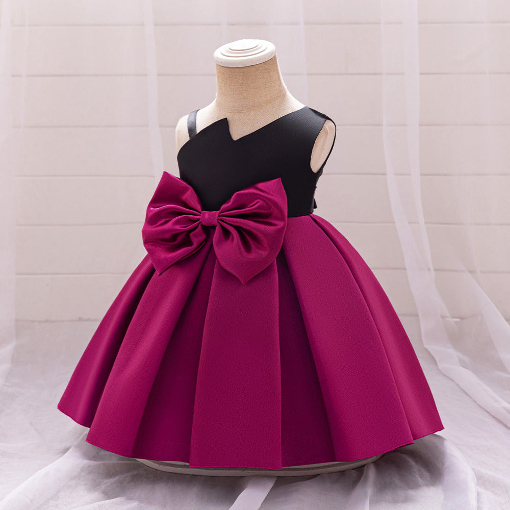 Cross-border new one-year-old dress skirt bow dress slanted shoulder dress baby dress catwalk princess dress