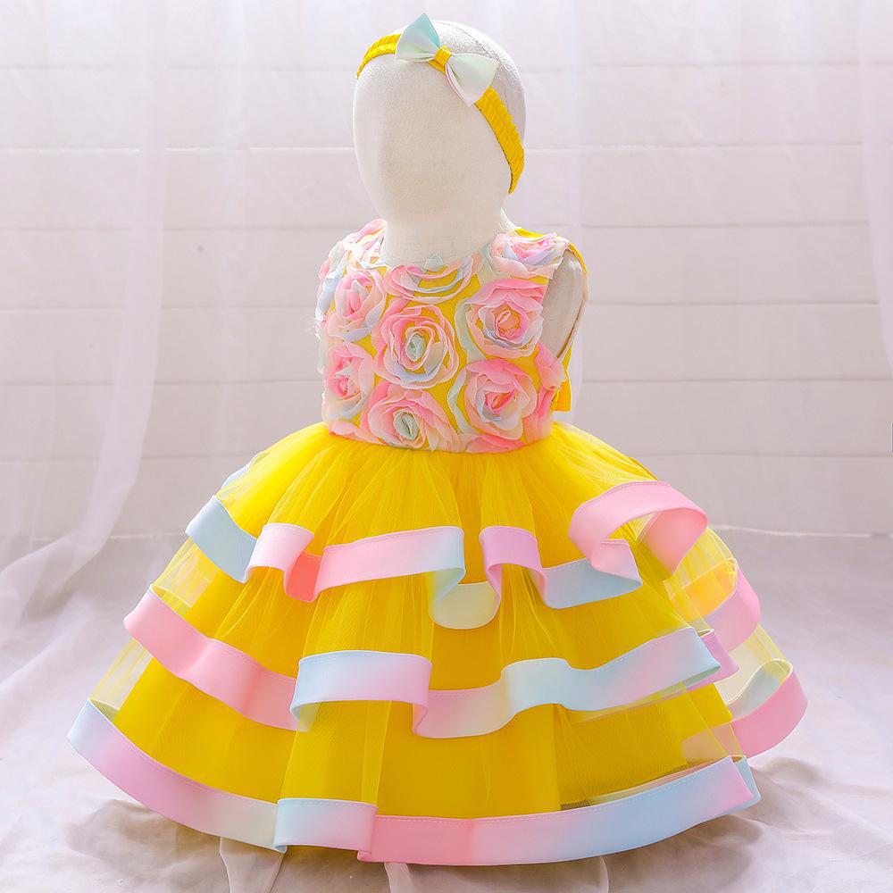 Little girl princess dress children's dress sleeveless dress printed mesh cake puffy dress flower girl catwalk dress sweet