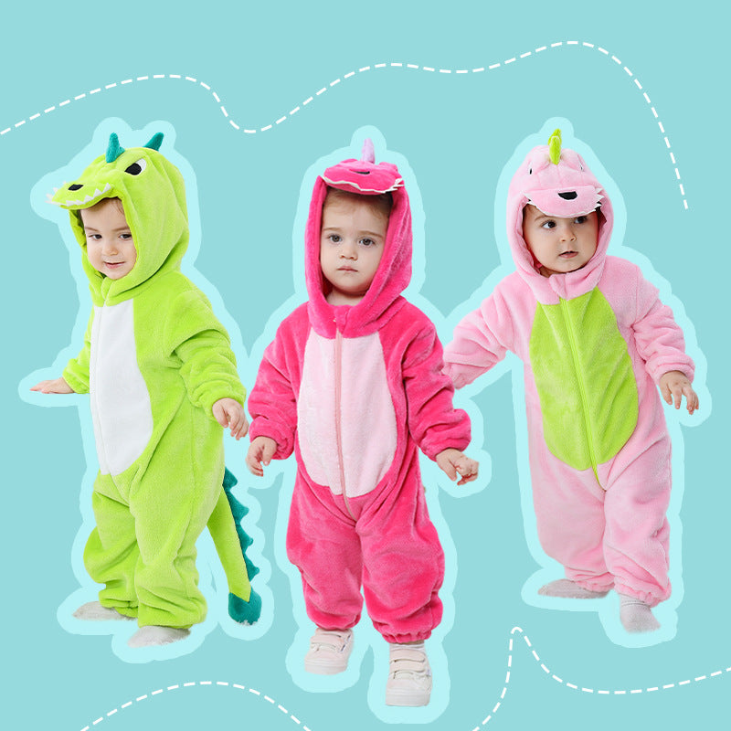 Qile Rabbit Children's Clothing Wholesale Spring New Flannel Thin Dinosaur Single Layer Romper Jumpsuit X6732