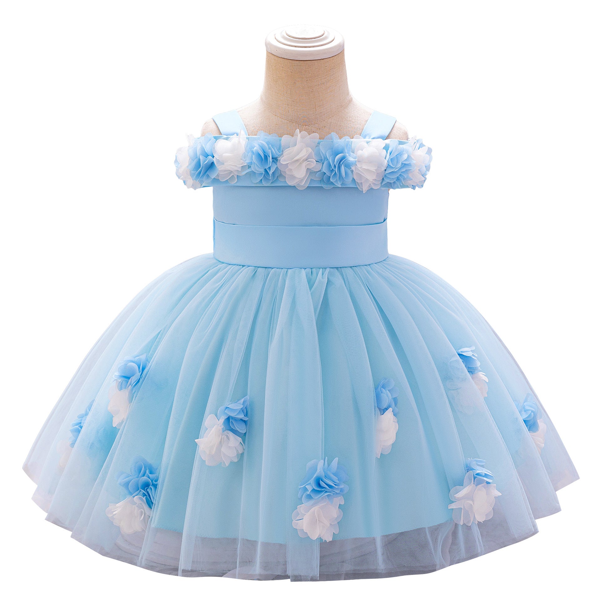 New one-year-old baby princess dress infant three-dimensional flower one-word shoulder mesh dress baby girl performance dress