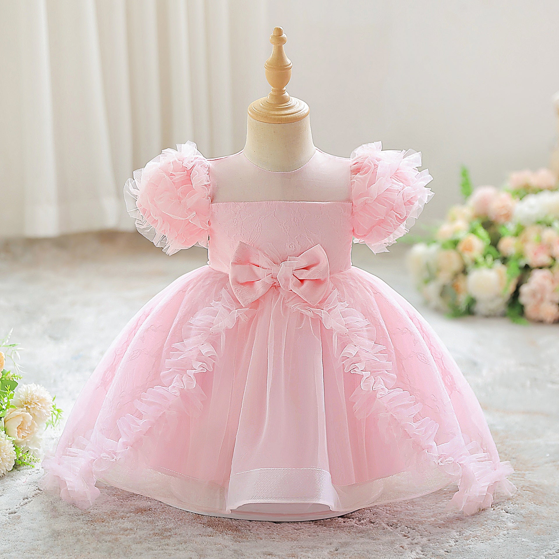 New Girls Princess Dress Bow Dress Mesh Tucker Dress Birthday Prom Children's Dress Performance Dress