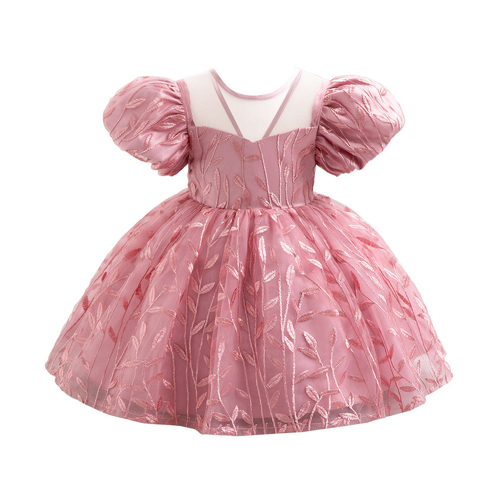 Amazon's new children's dress bubble sleeves bow waist mesh embroidered princess dress wedding flower girl dress