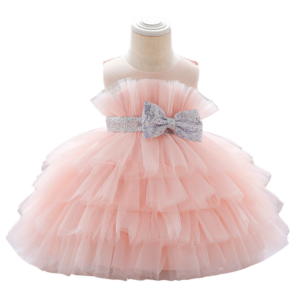 2023 new European and American girls' dress skirt cute bow strap mesh skirt summer baby girl dress