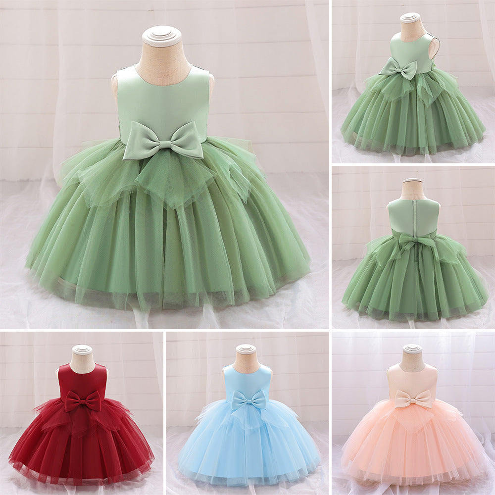 Children's princess dress Amazon baby dress sleeveless satin bow flower girl performance dress mesh skirt
