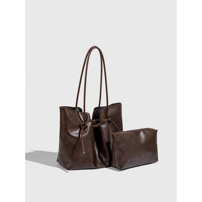 Bag women, fashion string strap design large capacity shoulder bag autumn and winter retro pu leather mother and child bag 2025