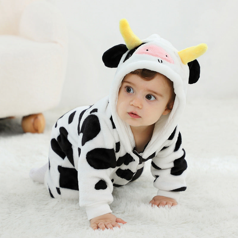 Qile Rabbit's autumn new product cute cow-shaped onesie 0-3 years old infant and toddler hooded single-layer Romper