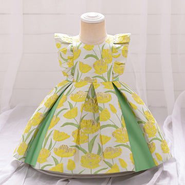 Europe and the United States new baby dress baby year old printed flower children's dress skirt children's birthday party 100 days wash dress