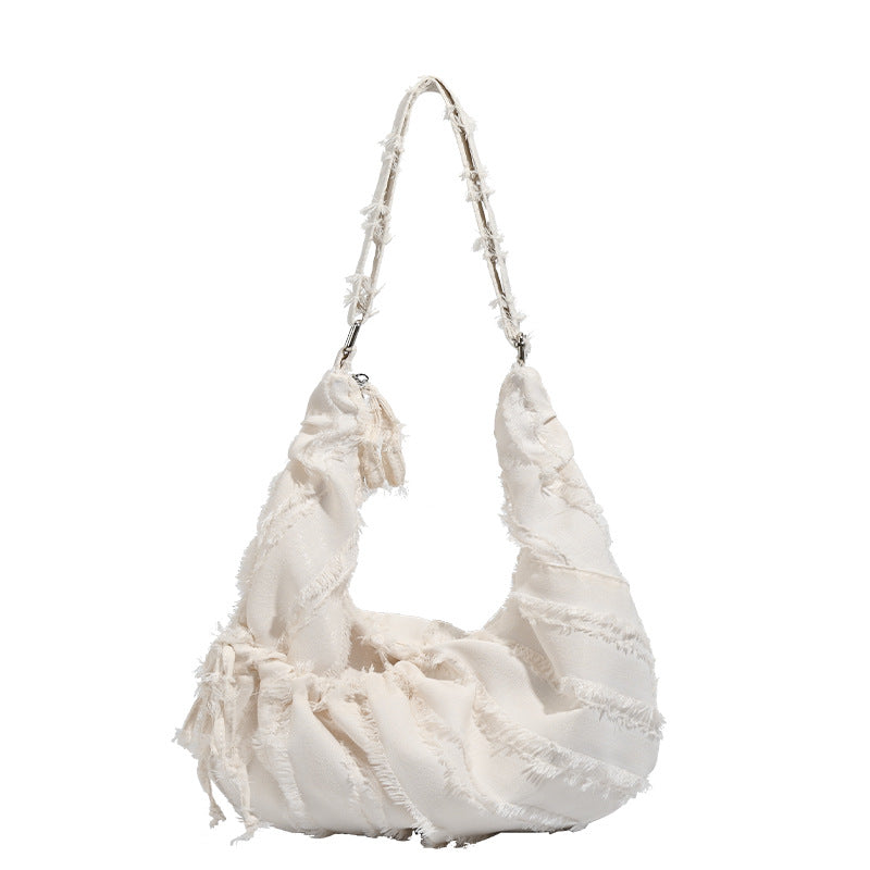 2025 Korean ins Lazy Wind Folded Drawstring Canvas Bag Versatile Commuter Large Capacity One Shoulder Oblique Span Dumpling Bag