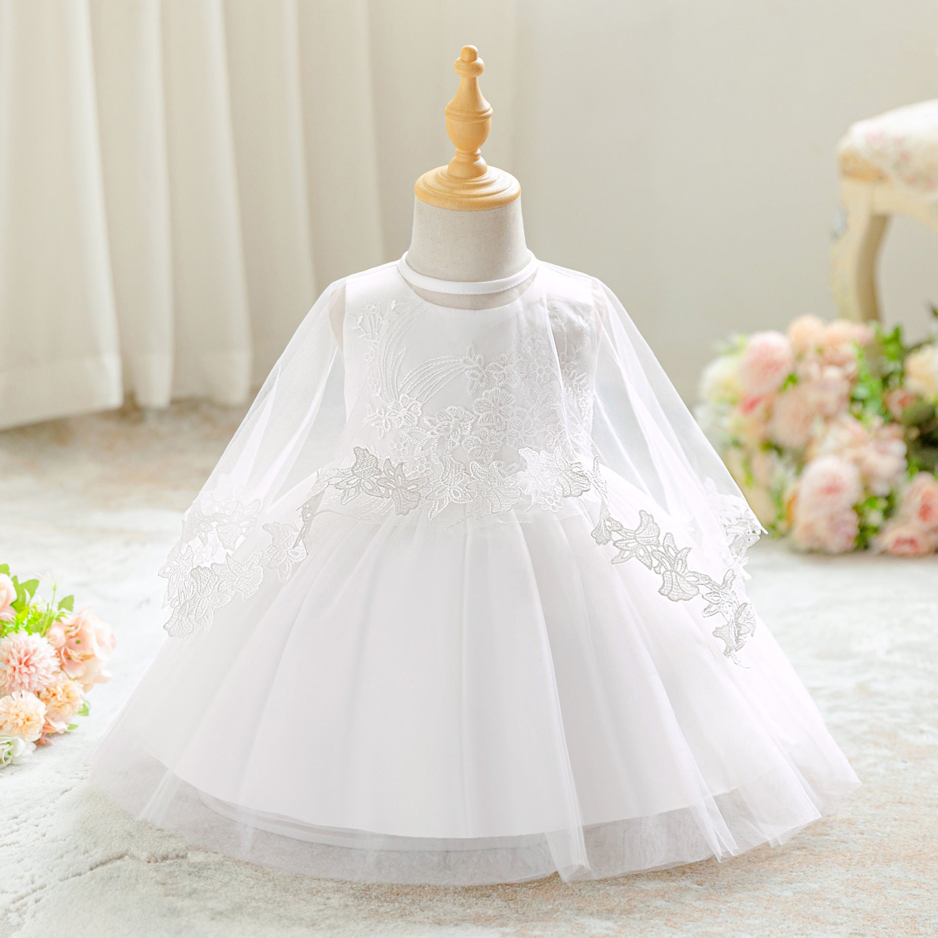 2025 foreign trade new girls wash dress mesh embroidered dress first birthday princess dress with shawl kids