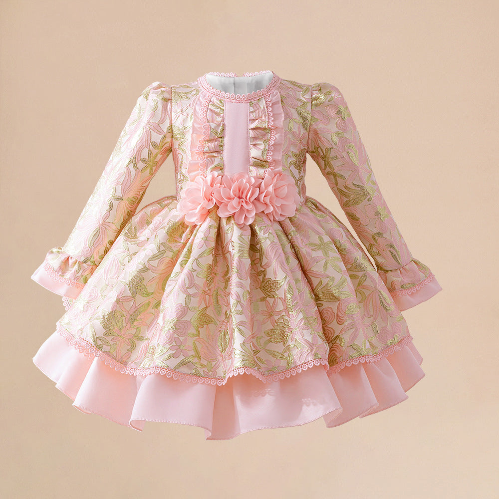 Foreign order new infant dress long-sleeved printed three-dimensional flower girls fluffy Lolita princess dress spot
