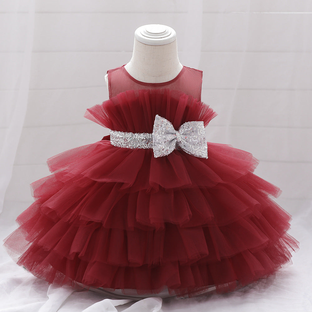 2023 new European and American girls' dress skirt cute bow strap mesh skirt summer baby girl dress