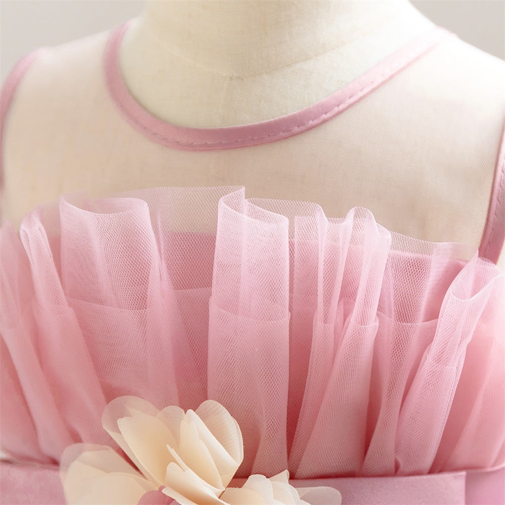 Amazon's new medium and small children's dress wedding season flower girl dress small flower pleated mesh fluffy princess dress