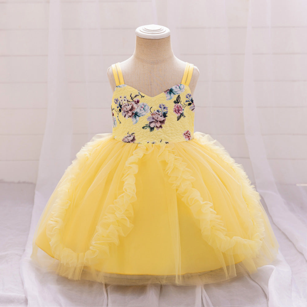 Baby's first birthday banquet dress printing suspender splicing mesh fluffy princess dress wedding flower girl dress dress dress