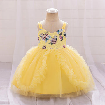 Baby's first birthday banquet dress printing suspender splicing mesh fluffy princess dress wedding flower girl dress dress dress