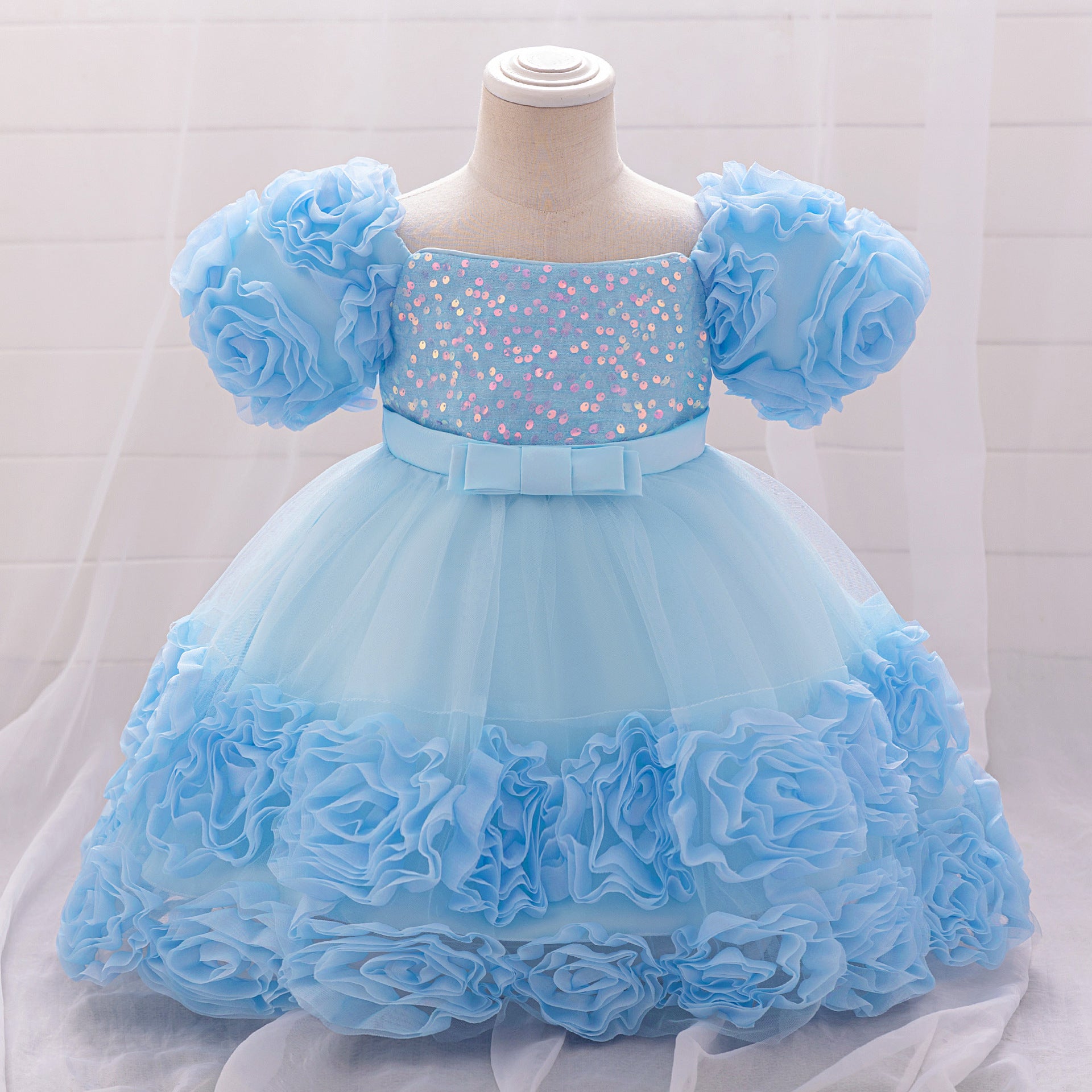 Amazon's new baby dress bead bubble sleeve princess dress three-dimensional applique mesh puffy dress