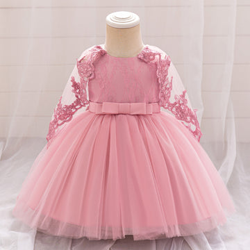 Cross-border new girls' princess dress, one-year-old girls' dress, embroidered shawl dress, mesh crew neck princess dress