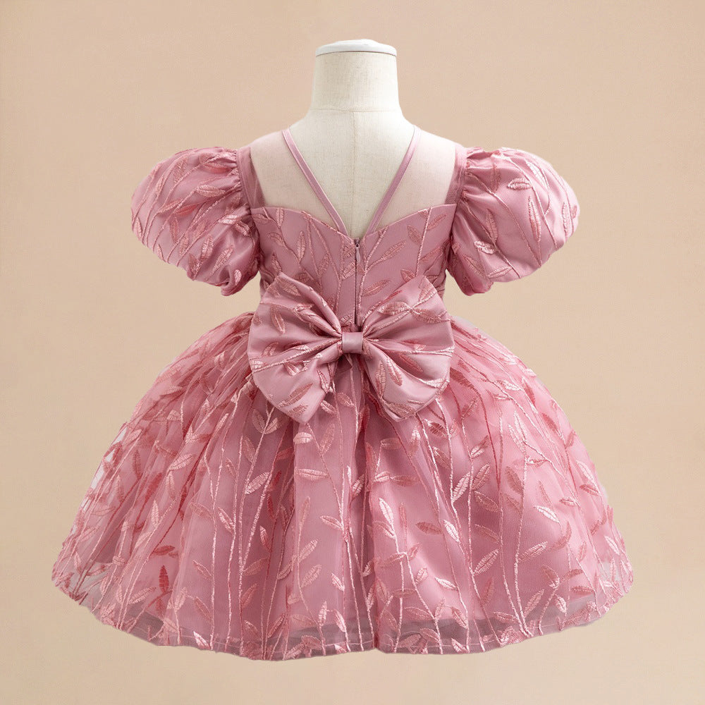 Amazon's new children's dress bubble sleeves bow waist mesh embroidered princess dress wedding flower girl dress