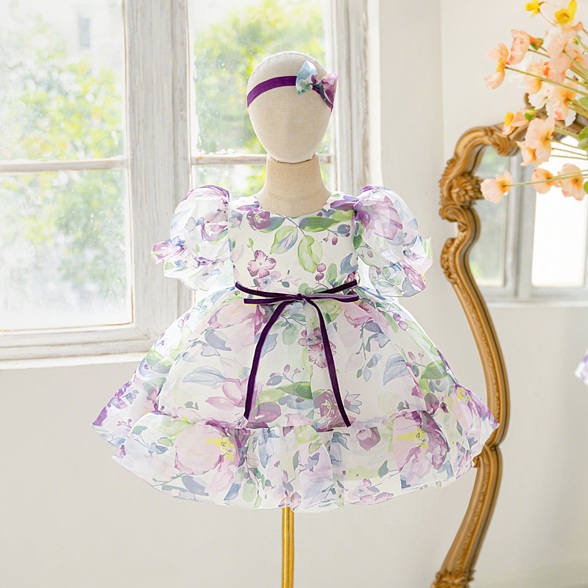 Amazon organza printed children's dress catwalk flower girl dress little girl princess dress girls dress high-end
