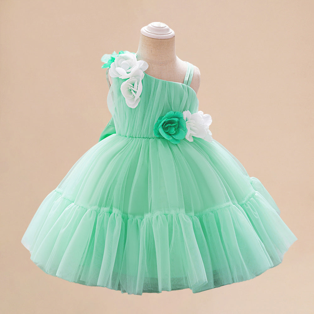 Amazon's new children's dress slanted shoulder three-dimensional flower mesh one-year-old dress baby hundred-day birthday dress