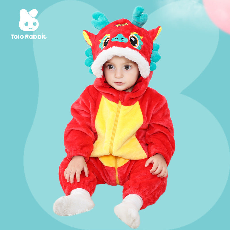 Spring and Autumn New Infants and Toddlers Flannel Single-layer Shaping One-Piece Romper Cartoon Dragon Shaping Long-Sleeve One-Piece