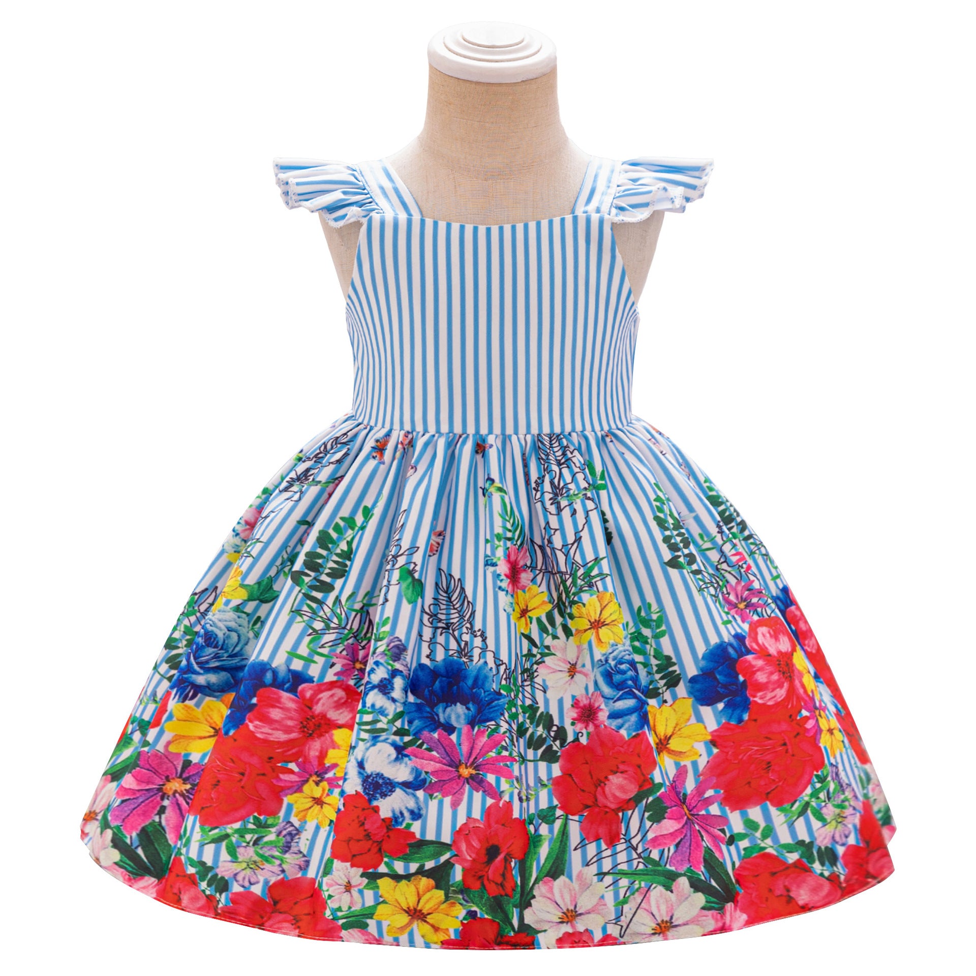 Cross-border new girls' princess dress striped satin dress first birthday dress Xiaofei sleeve print dress dress