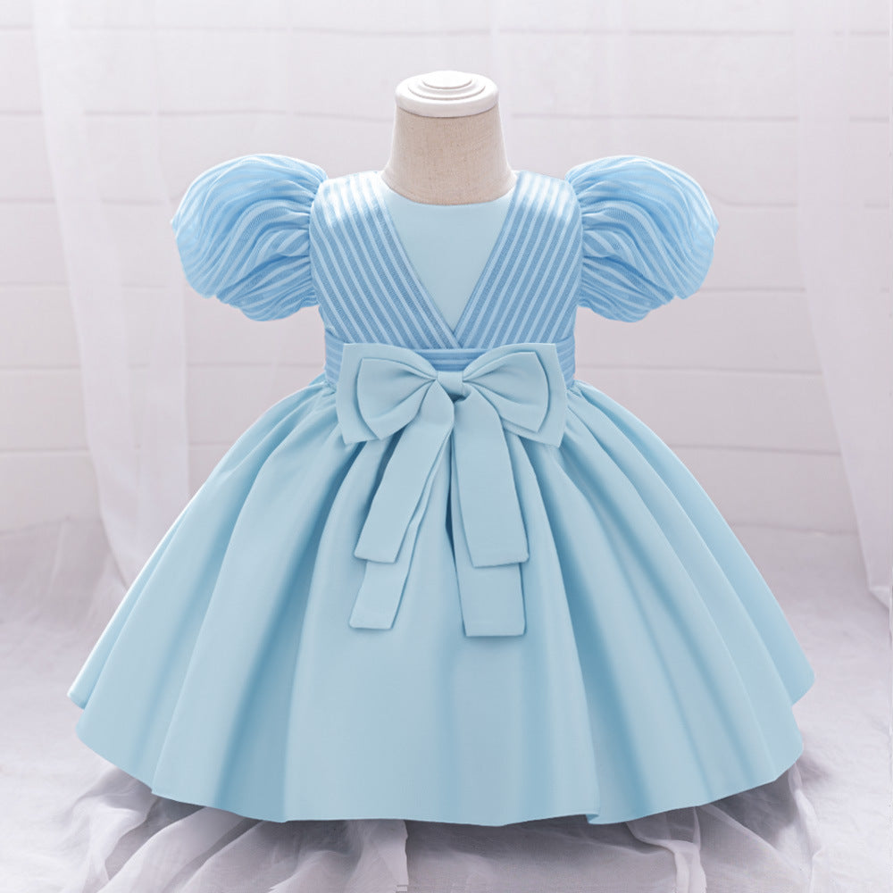 New infant and child first year dress baby girl birthday party wash dress satin bow dress spot