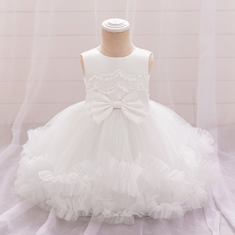 2025 new children's first-year dress tutu skirt lace lace princess dress white spot child rengow
