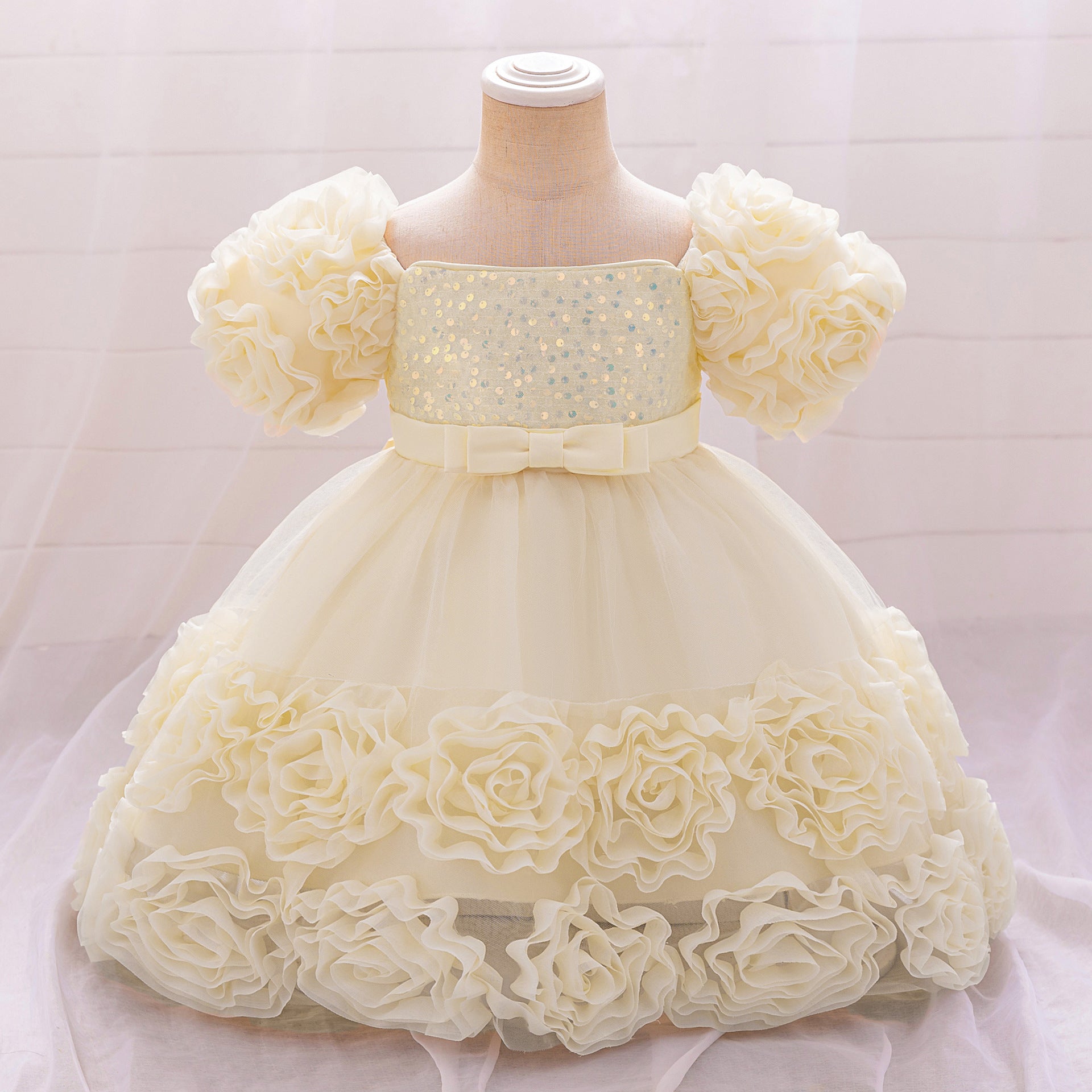 Amazon's new baby dress bead bubble sleeve princess dress three-dimensional applique mesh puffy dress