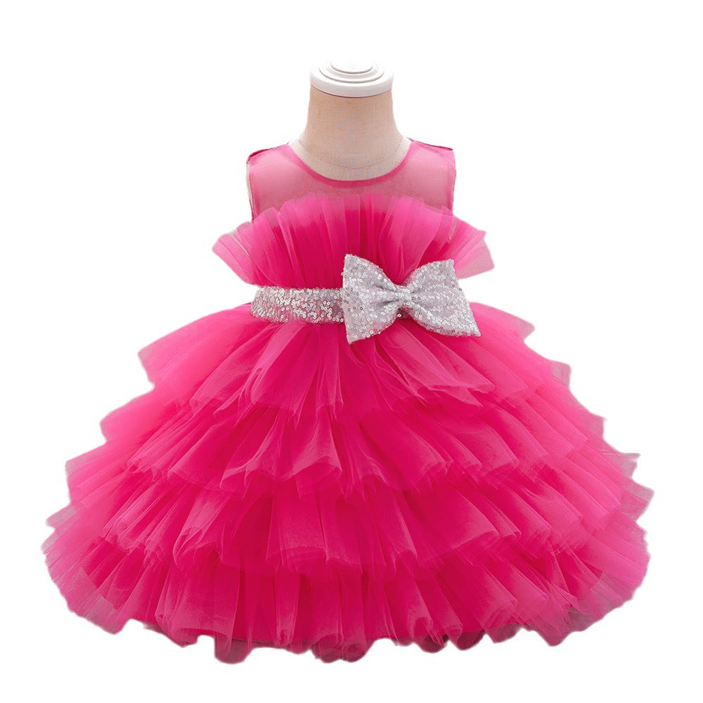 2023 new European and American girls' dress skirt cute bow strap mesh skirt summer baby girl dress