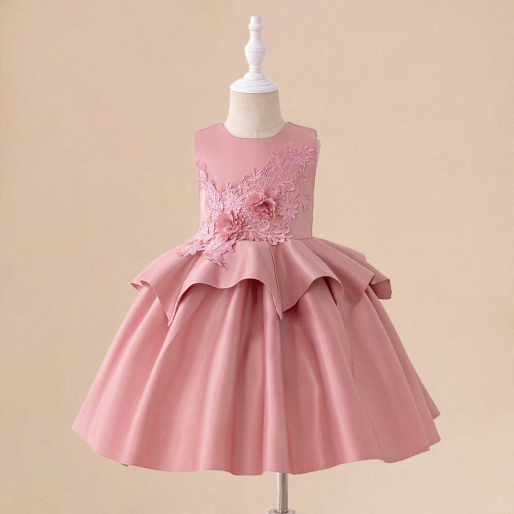 Summer children's dress princess dress cross-border new medium and small children's satin dress sleeveless three-dimensional applique performance clothes