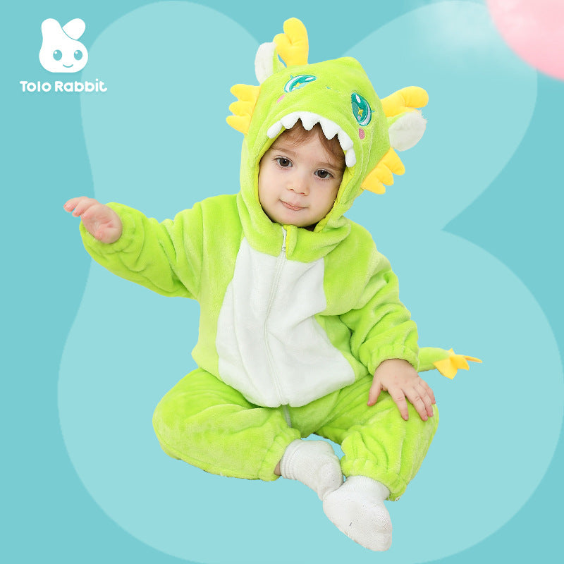 Qile Rabbit autumn new baby single-layer flannel cartoon dinosaur shape hooded one-piece Romper