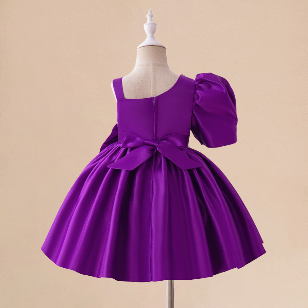 European, American and medium-sized children's dresses, beaded irregular shoulder-spilling princess dresses, satin cloth bows, tutu dresses, catwalk costumes