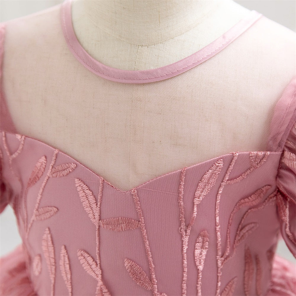 Amazon's new children's dress bubble sleeves bow waist mesh embroidered princess dress wedding flower girl dress