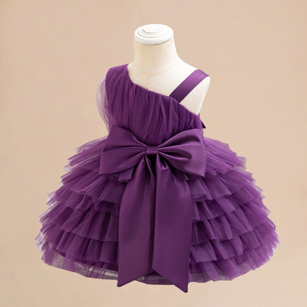 Baby's first year wash dress slanted shoulder suspender big bow baby dress pleated mesh cake fluffy princess dress