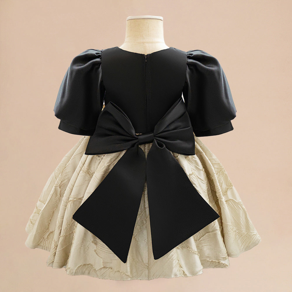 Foreign trade infant and toddler dress court satin cloth back bow princess dress lantern sleeve embroidered waist dress