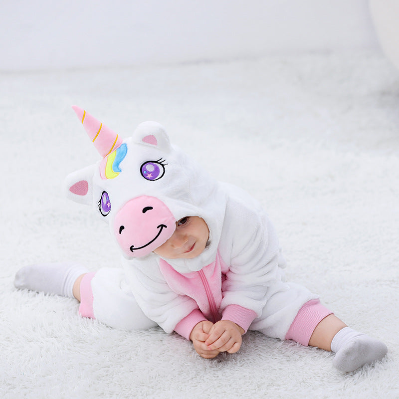 Autumn new 0-3 year old baby flannel single-layer styling Romper Unicorn styling hooded one-piece Romper