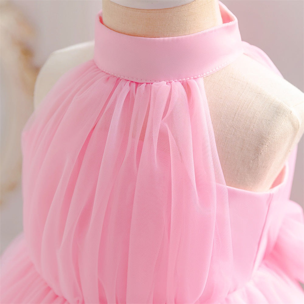 Amazon's new medium and small children's dress princess dress pink neck mesh trailing skirt bow puffy dovetail skirt
