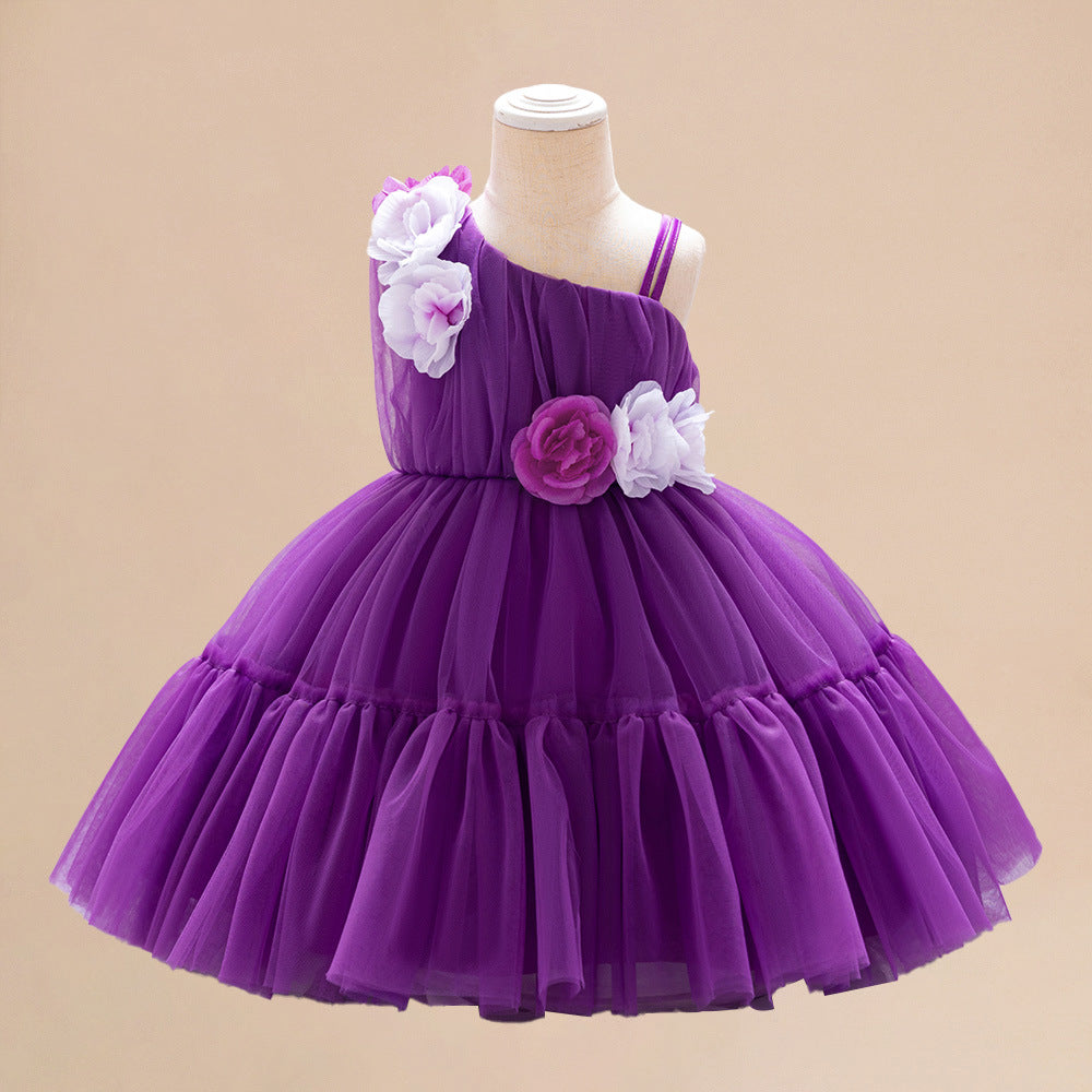 Amazon's new children's dress slanted shoulder three-dimensional flower mesh one-year-old dress baby hundred-day birthday dress