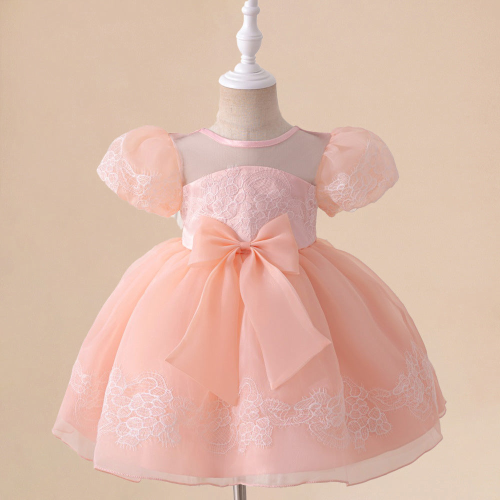 Amazon Children's Dress Baby Birthday One Year Banquet Embroidered Mesh Bubble Sleeve Bow Fluffy Princess Dress