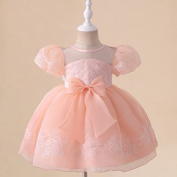 Amazon Children's Dress Baby Birthday One Year Banquet Embroidered Mesh Bubble Sleeve Bow Fluffy Princess Dress