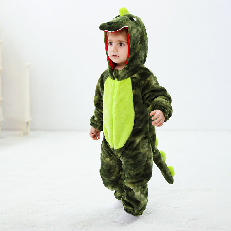 Autumn new single-layer flannel-shaped Romper for babies aged 0-3, dinosaur-shaped one-piece Romper with tail