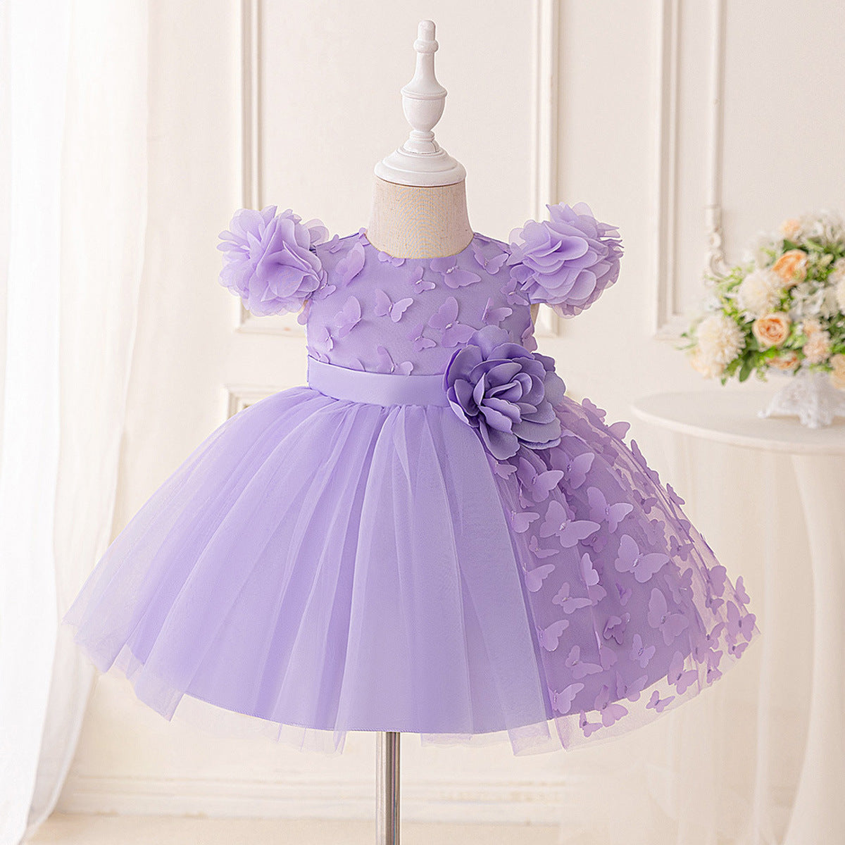 Amazon girls dress catwalk show evening girls dress three-dimensional small butterfly applique children's dress dress dress