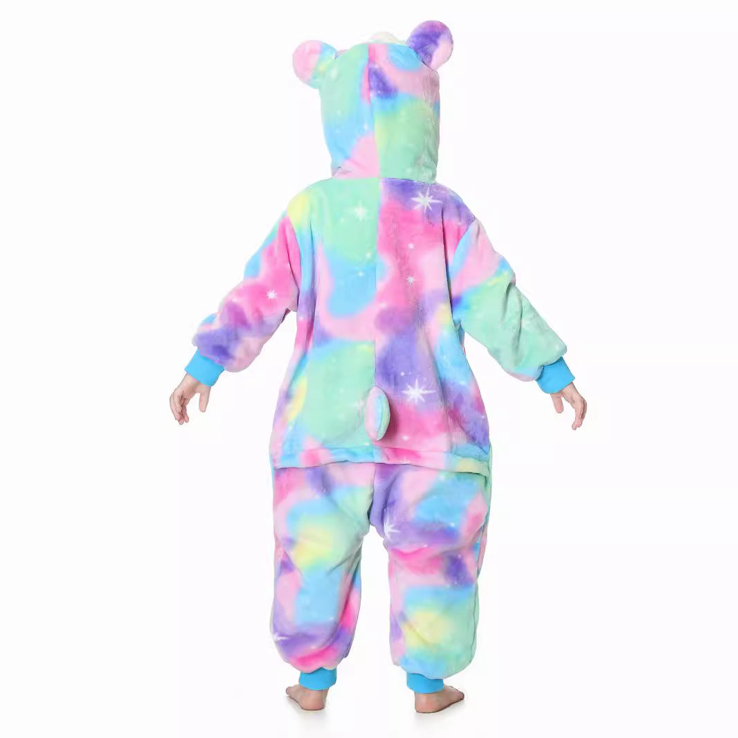 Autumn new children's cartoon styling clothes flannel single-layer cute rainbow bear styling onesie