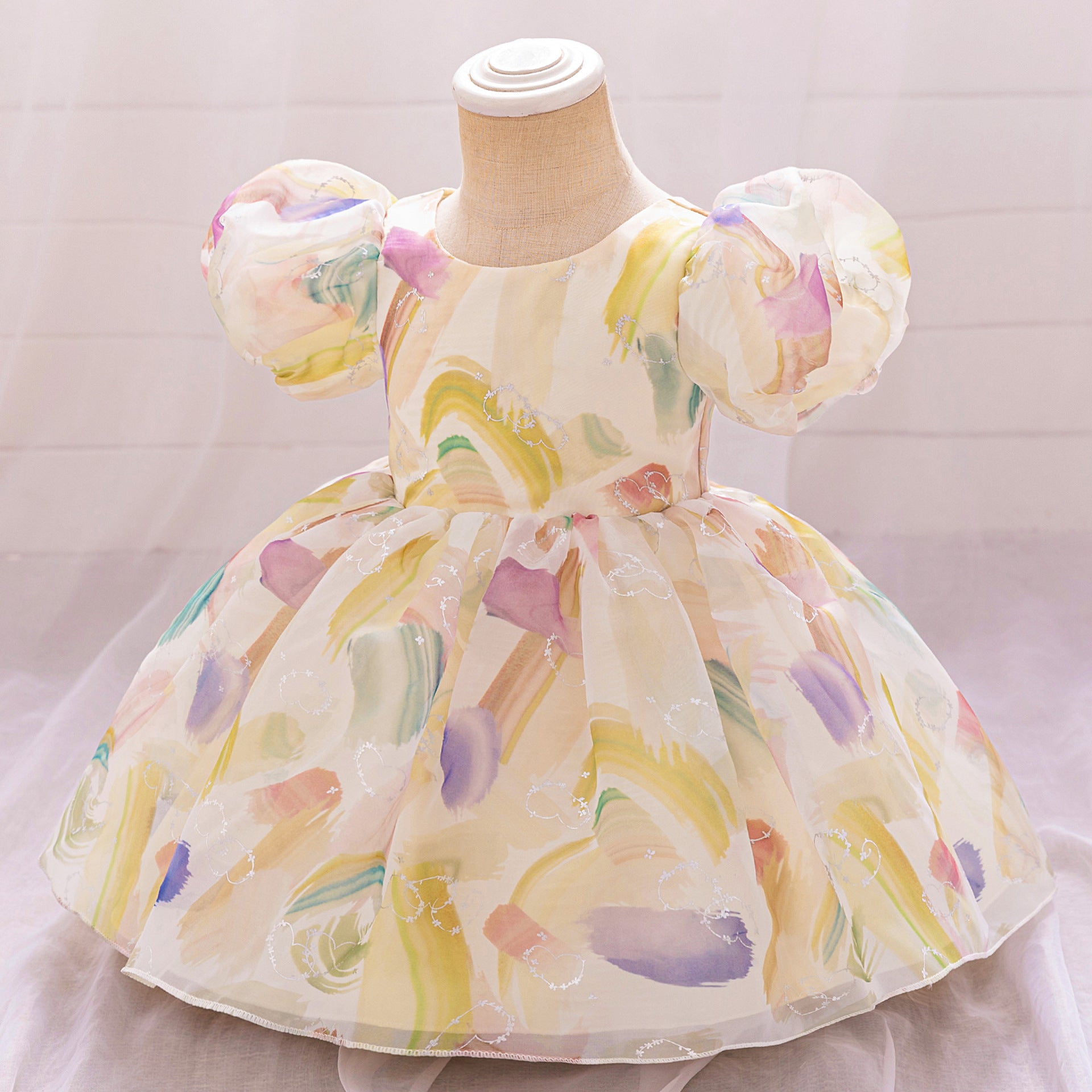 European and American new girls' baby dress skirt infant bubble sleeve printed flower girl dress one-year-old baby dress