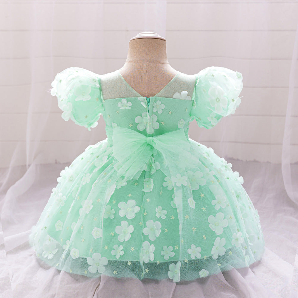 AliExpress Infant Dress Applique Bubble Sleeve Mesh Fluffy Princess Dress Girls Birthday Banquet Wash Dress