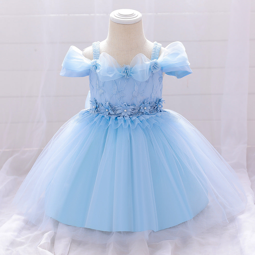 Amazon's new baby dress dress dress flower girl full moon wash dress girl one-word shoulder bubble sleeve princess dress