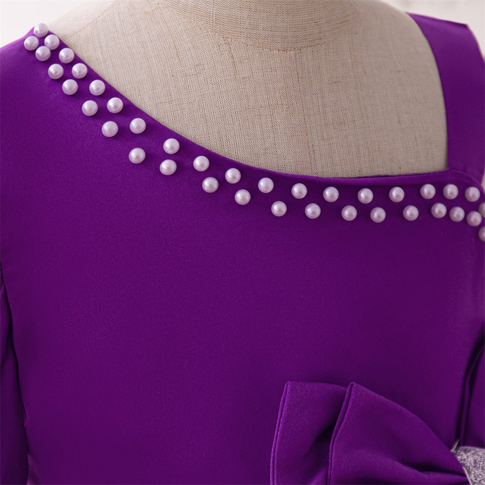 European, American and medium-sized children's dresses, beaded irregular shoulder-spilling princess dresses, satin cloth bows, tutu dresses, catwalk costumes