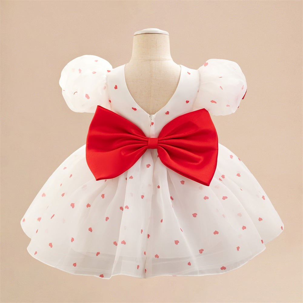 European and American new baby's first birthday washing dress chiffon bubble sleeve love polka dot princess dress wedding flower girl skirt