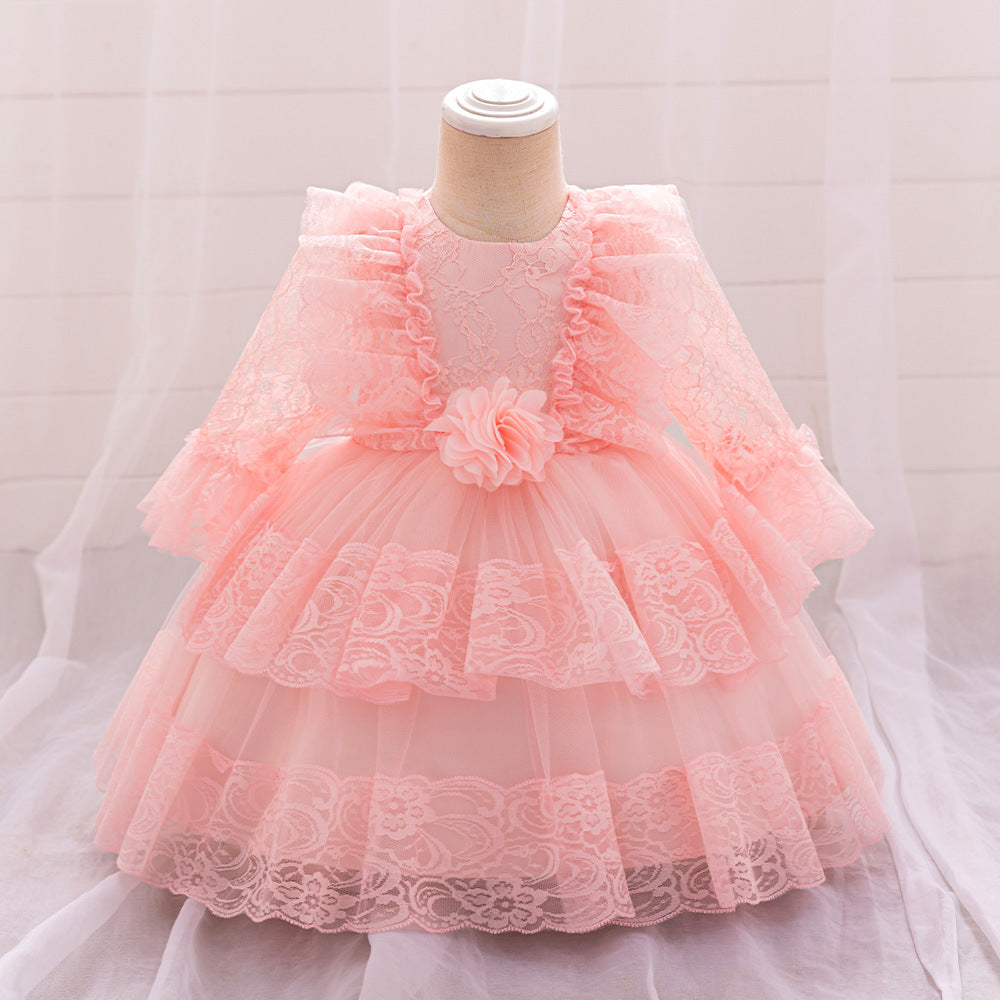 Cross-border new girls' princess dress lace pleated girls' dress one-year-old banquet dress long-sleeved hollow dress